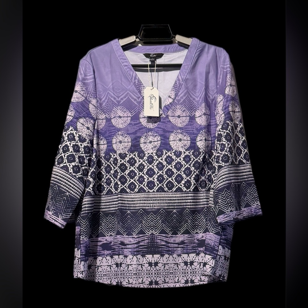 Shall We (D) Women's Boho Mixed Geometric Print 3/4 Sleeve Blouse L Peasant NWT
